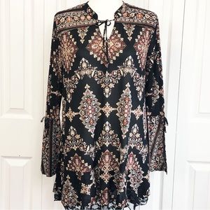 Style & Co. Sheer Black Boho Print Lace Lined Tunic Blouse Medium